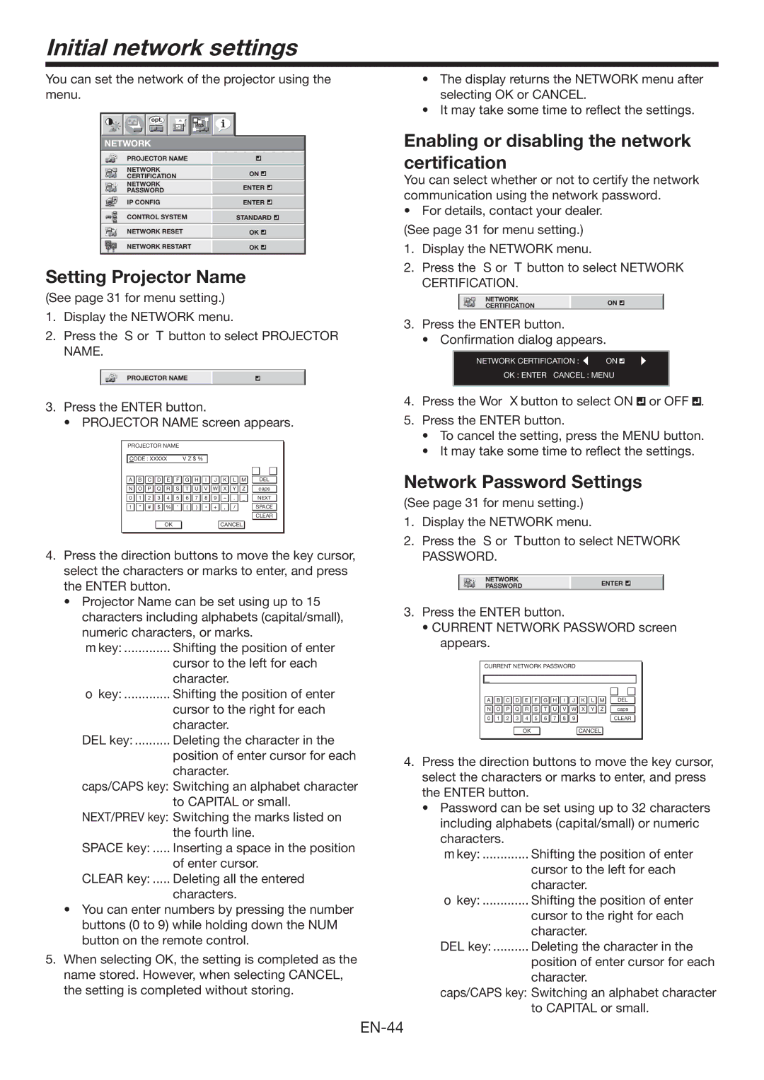 Mitsubishi Electronics XL7000U Initial network settings, Setting Projector Name, Network Password Settings, Certification 