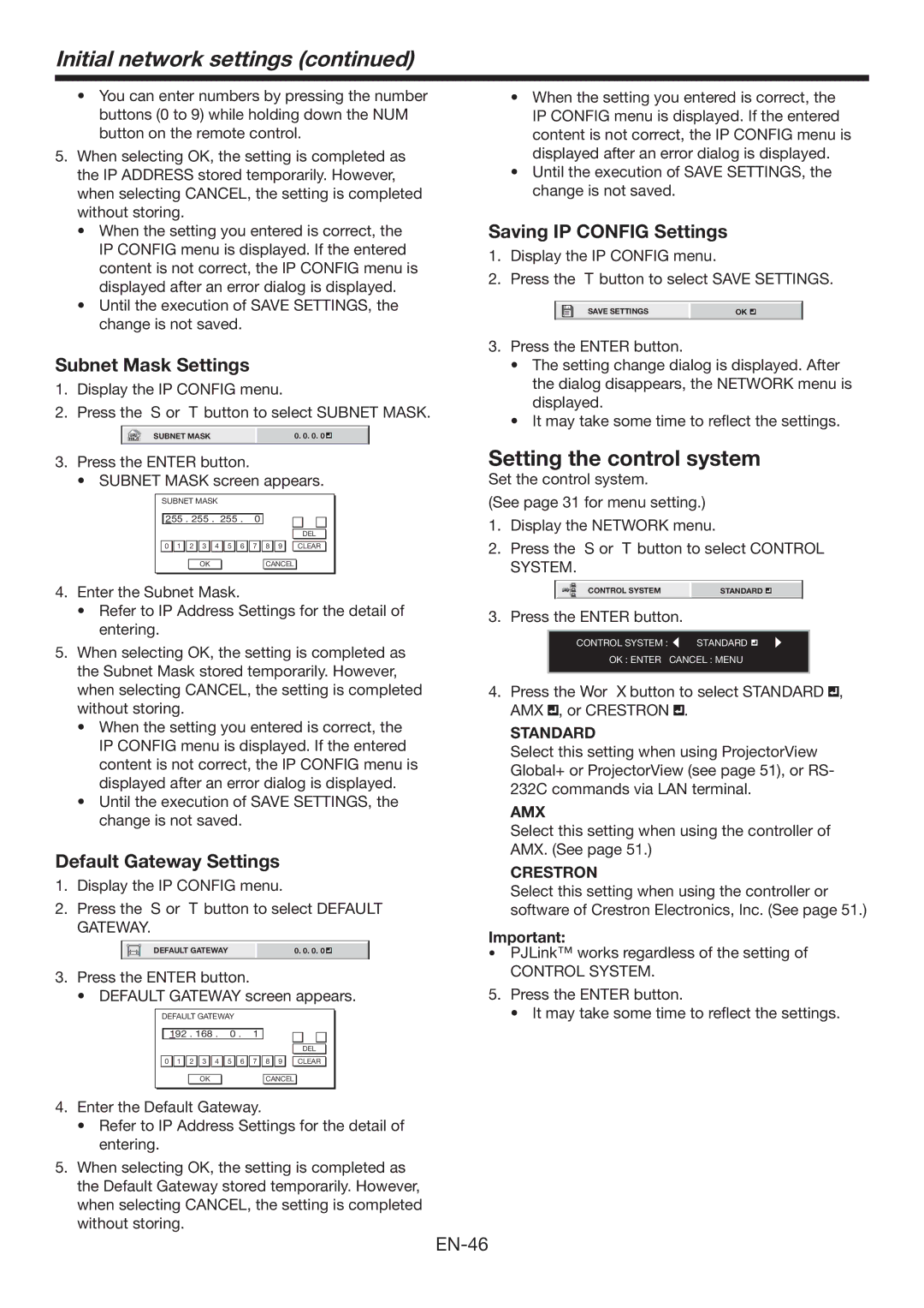 Mitsubishi Electronics XL7000U Setting the control system, Subnet Mask Settings, Default Gateway Settings, Control System 