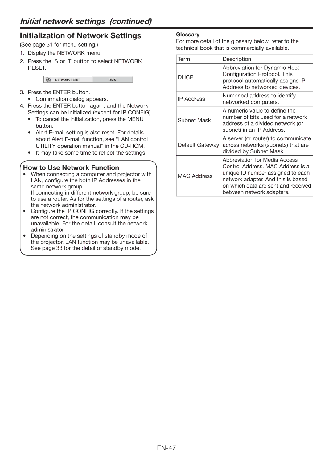 Mitsubishi Electronics XL7000U user manual Initialization of Network Settings, How to Use Network Function, Glossary, Dhcp 