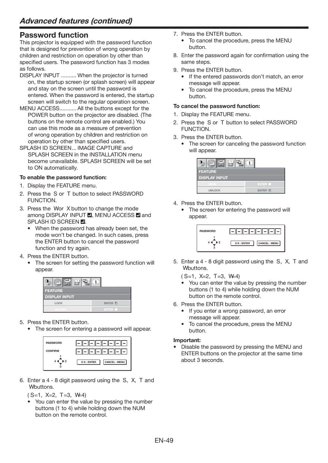 Mitsubishi Electronics XL7000U Advanced features, Password function, To enable the password function, Splash ID Screen 