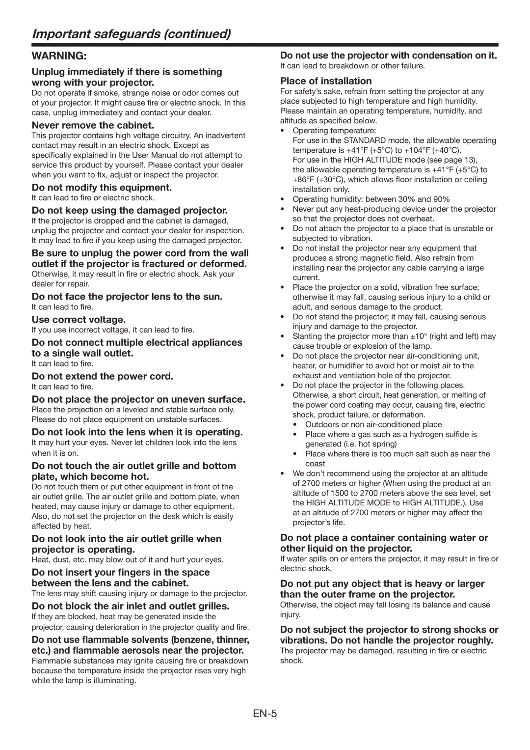 Mitsubishi Electronics XL7000U user manual Important safeguards, Do not keep using the damaged projector 