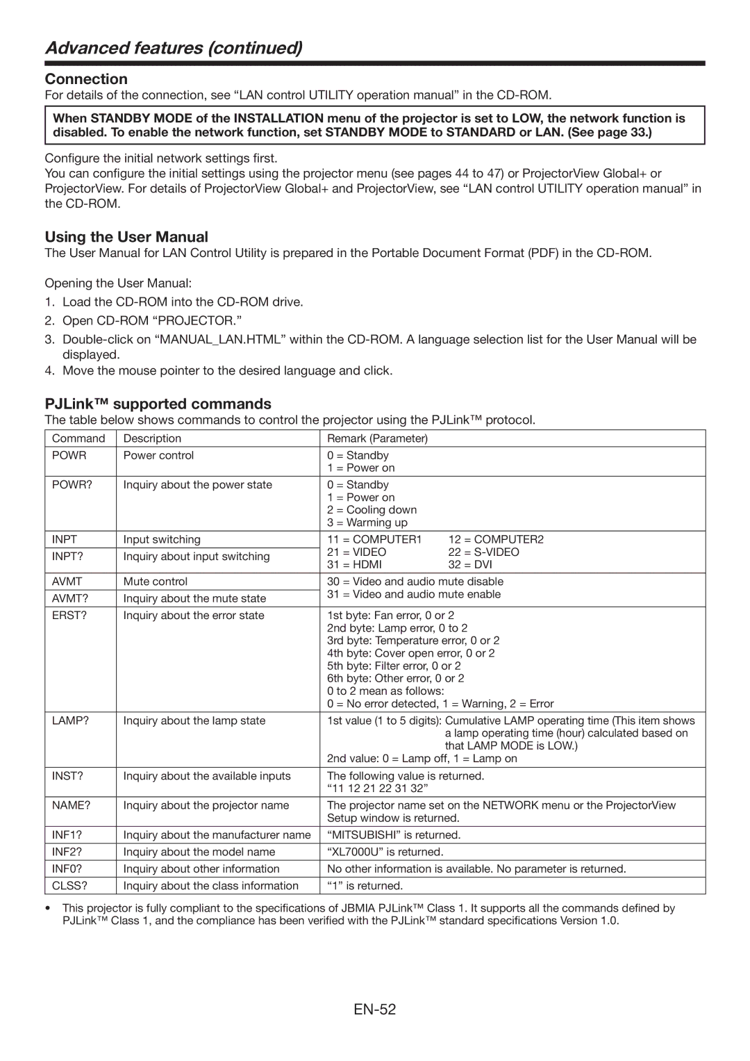 Mitsubishi Electronics XL7000U user manual Connection, PJLink supported commands 