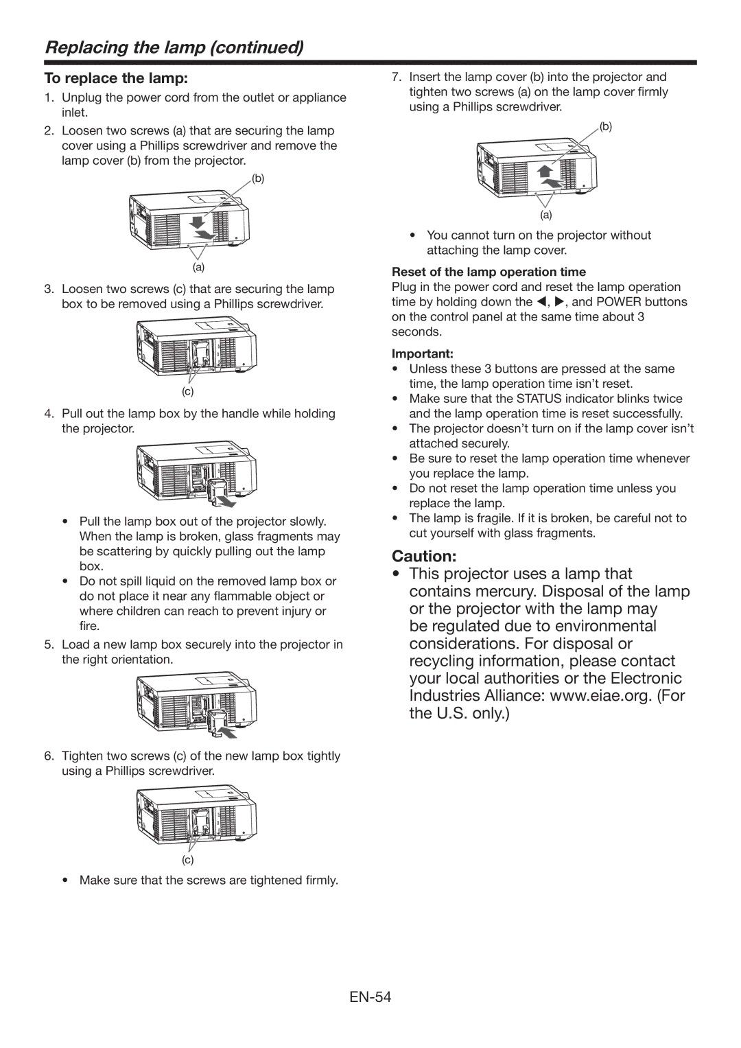 Mitsubishi Electronics XL7000U user manual Replacing the lamp, To replace the lamp, Reset of the lamp operation time 