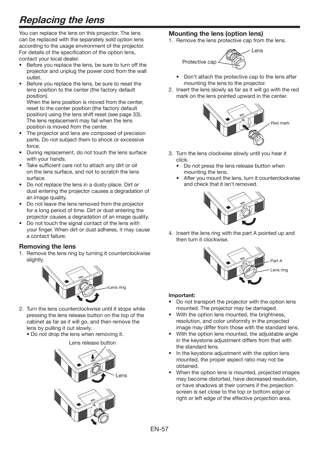 Mitsubishi Electronics XL7000U user manual Replacing the lens, Removing the lens, Mounting the lens option lens 