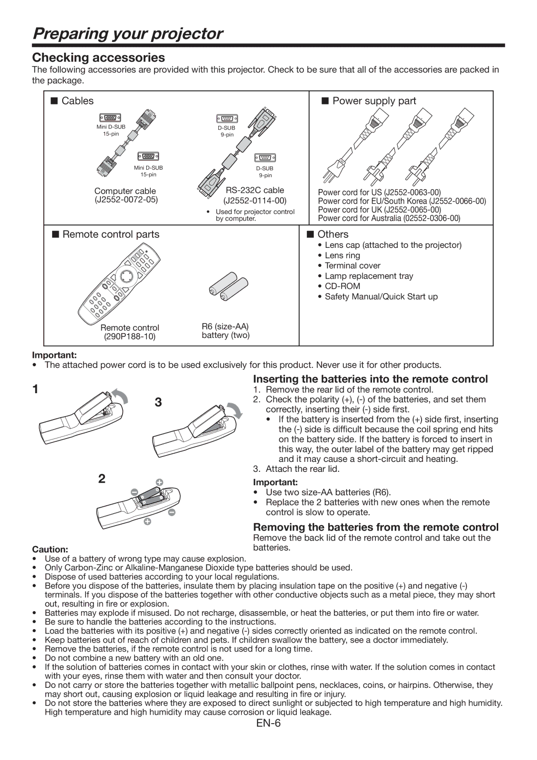 Mitsubishi Electronics XL7000U user manual Preparing your projector, Checking accessories 