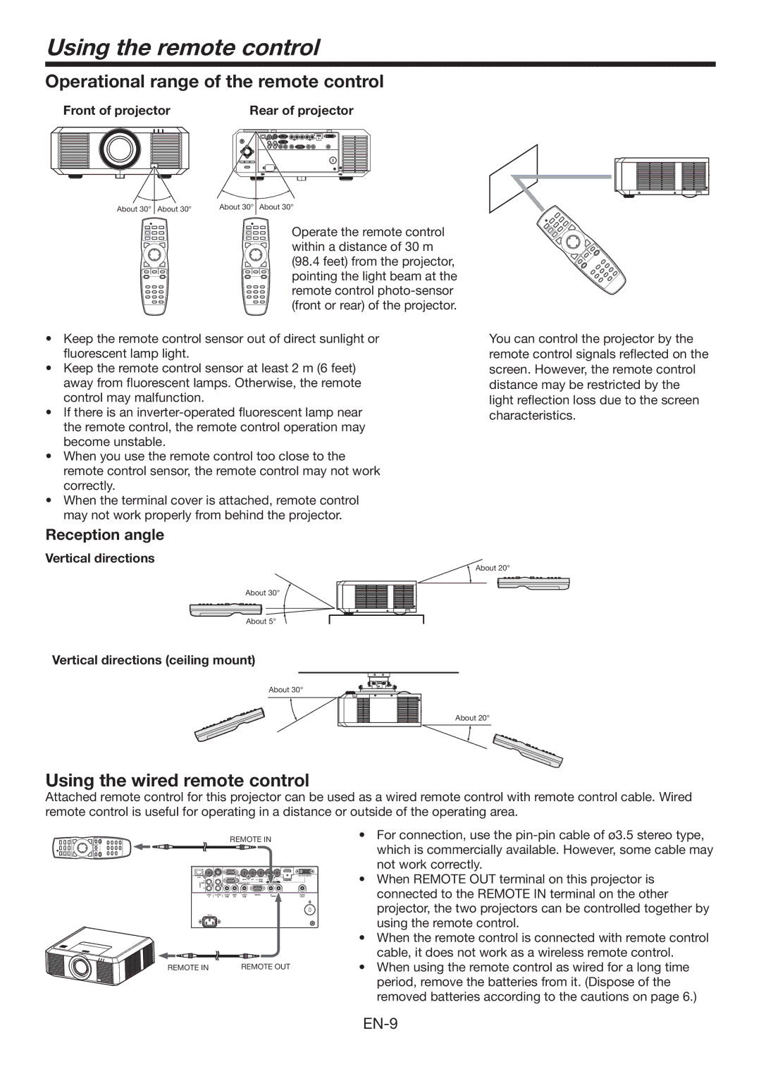 Mitsubishi Electronics XL7000U Using the remote control, Operational range of the remote control, Reception angle 