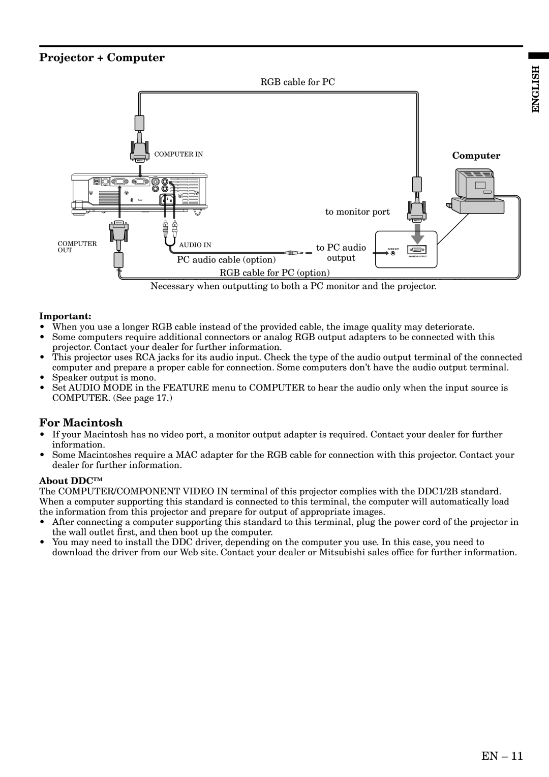 Mitsubishi Electronics SL4U, XL8U user manual Projector + Computer, For Macintosh, About DDC 