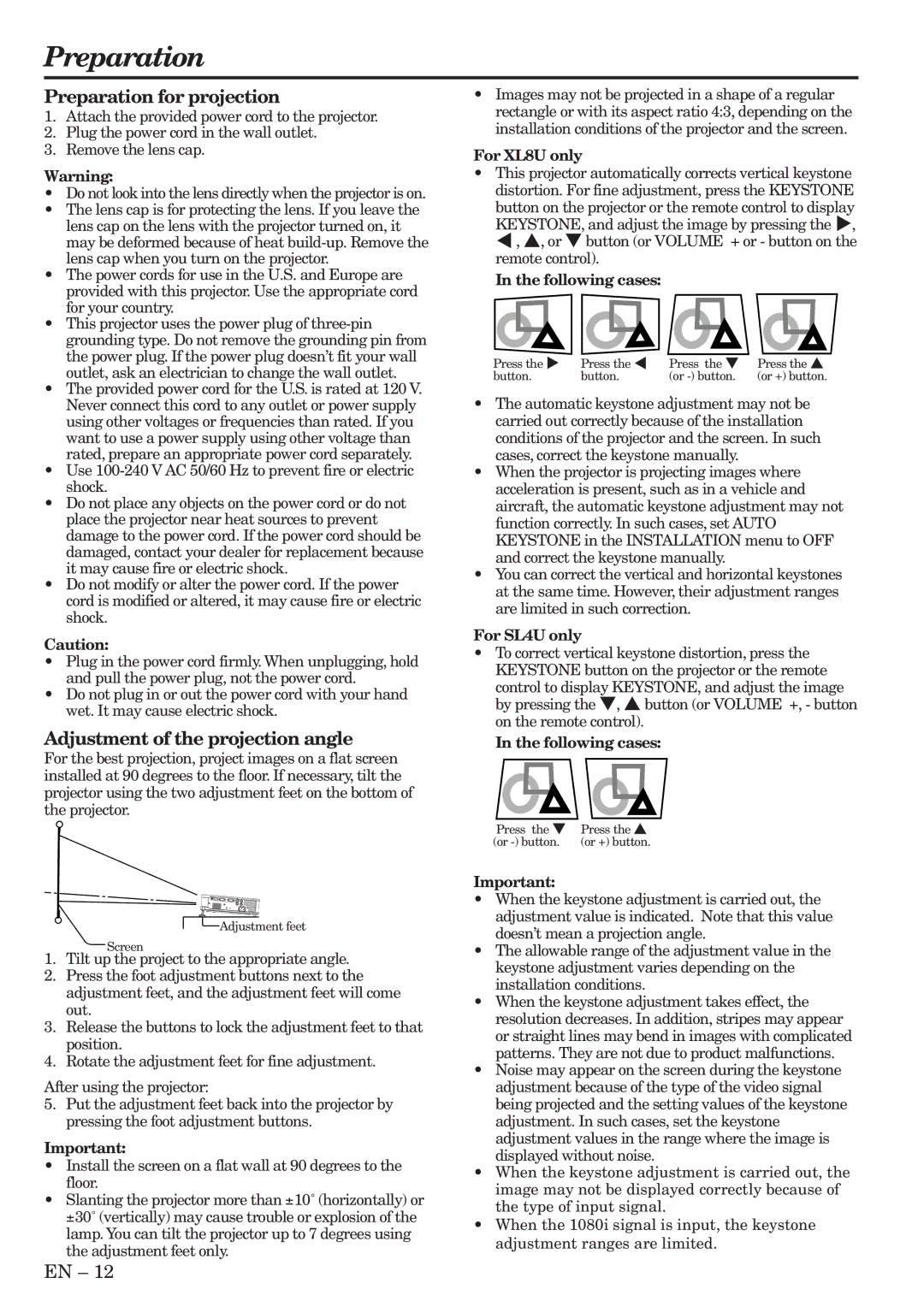 Mitsubishi Electronics XL8U, SL4U user manual Preparation for projection, Adjustment of the projection angle 