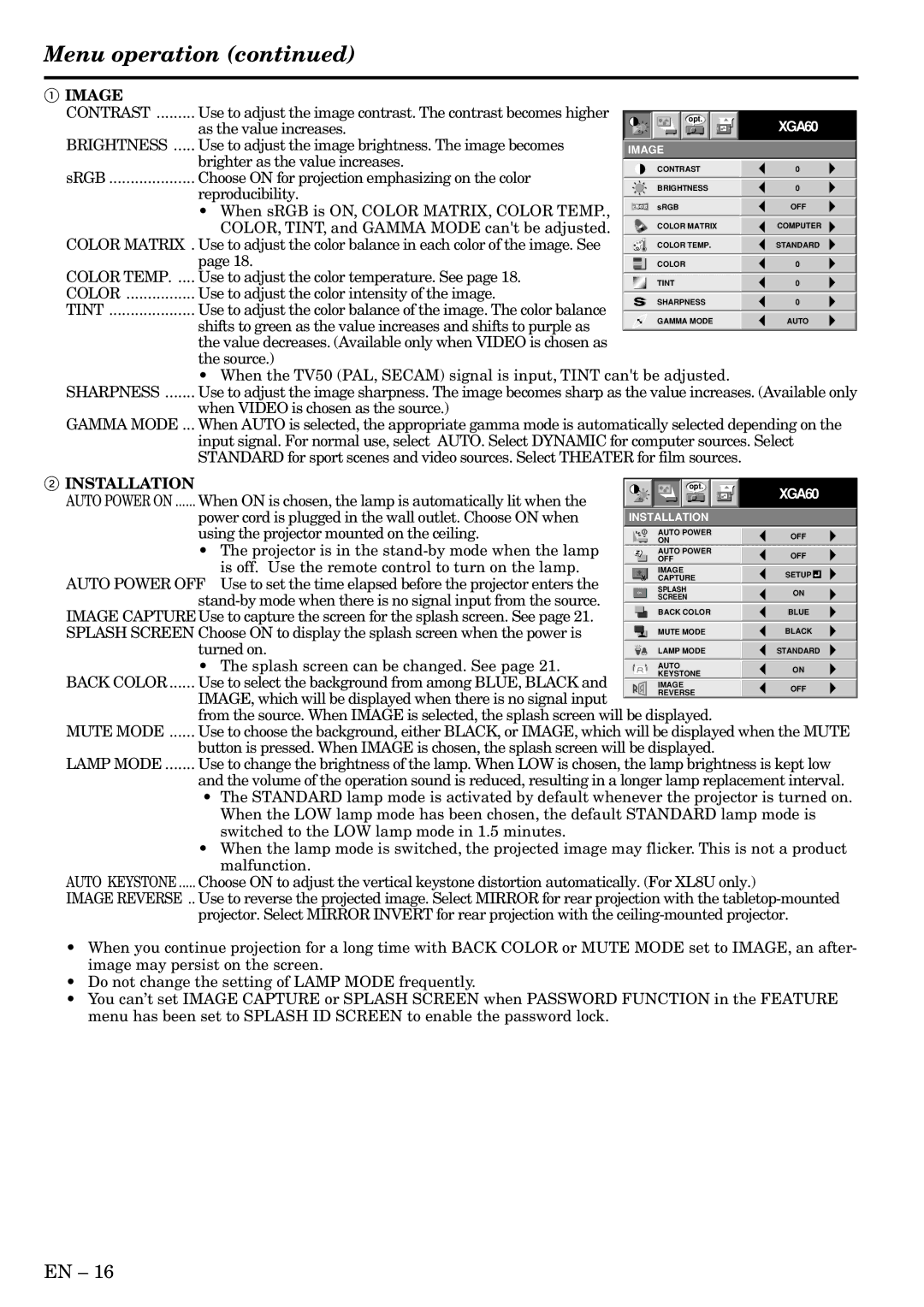 Mitsubishi Electronics XL8U, SL4U user manual Menu operation 