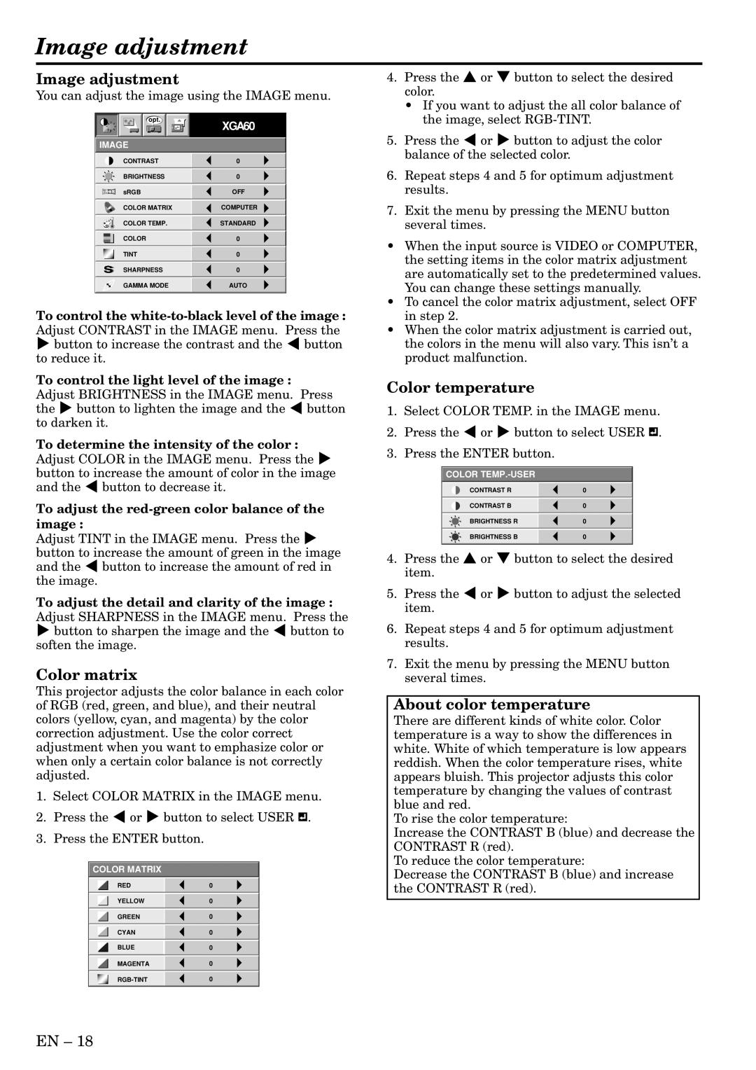 Mitsubishi Electronics XL8U, SL4U user manual Image adjustment, Color matrix, Color temperature, About color temperature 