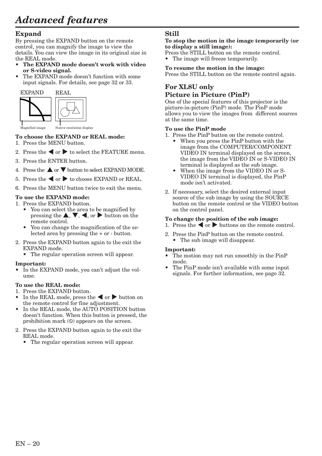 Mitsubishi Electronics SL4U user manual Advanced features, Expand, Still, For XL8U only Picture in Picture PinP 