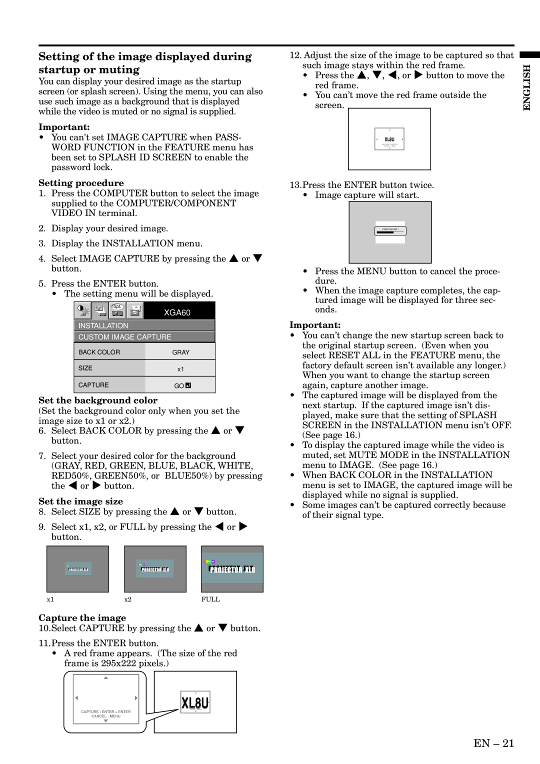 Mitsubishi Electronics SL4U Setting of the image displayed during startup or muting, Setting procedure, Set the image size 