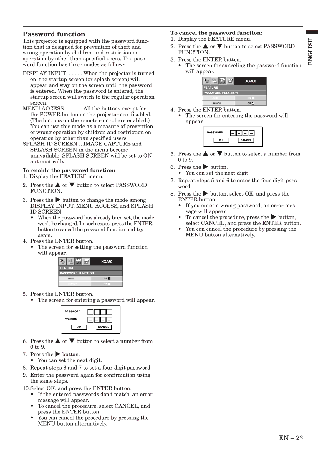 Mitsubishi Electronics SL4U, XL8U Password function, To cancel the password function, To enable the password function 