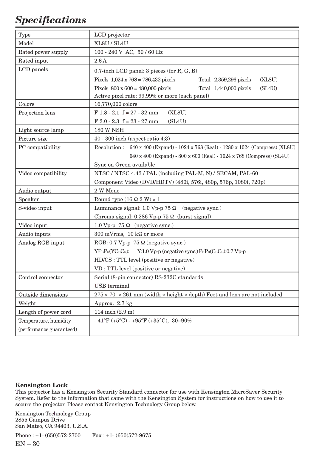 Mitsubishi Electronics XL8U, SL4U user manual Specifications, Kensington Lock 