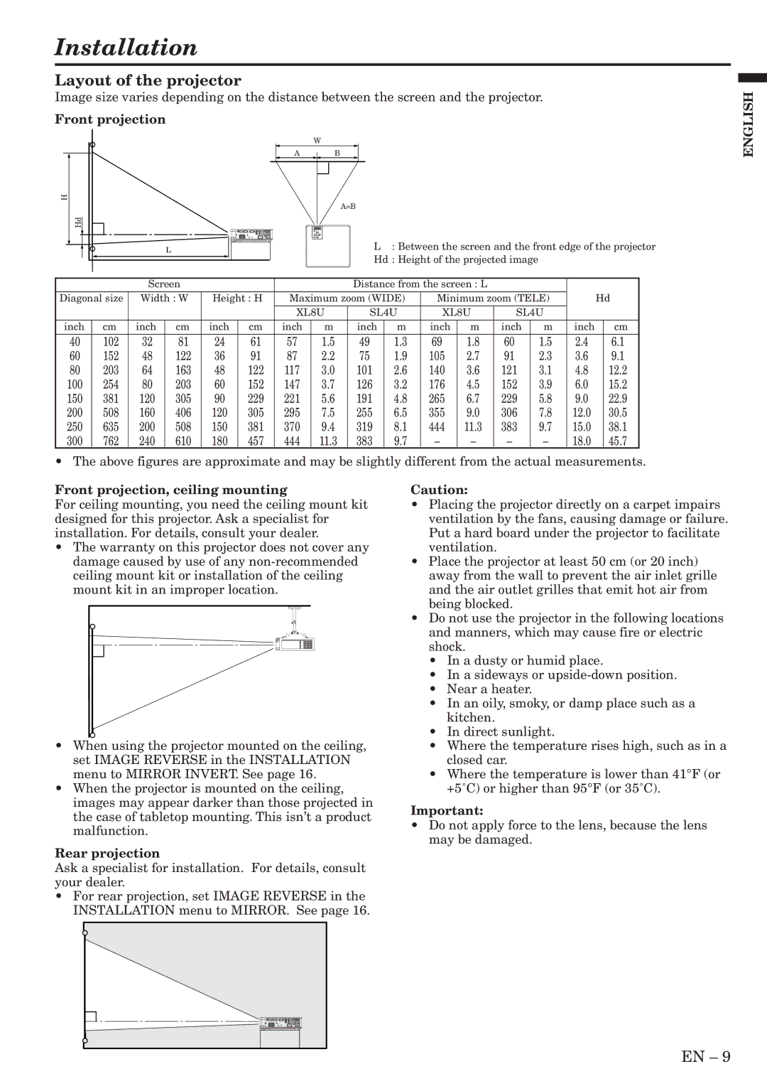 Mitsubishi Electronics SL4U Installation, Layout of the projector, Front projection, ceiling mounting, Rear projection 