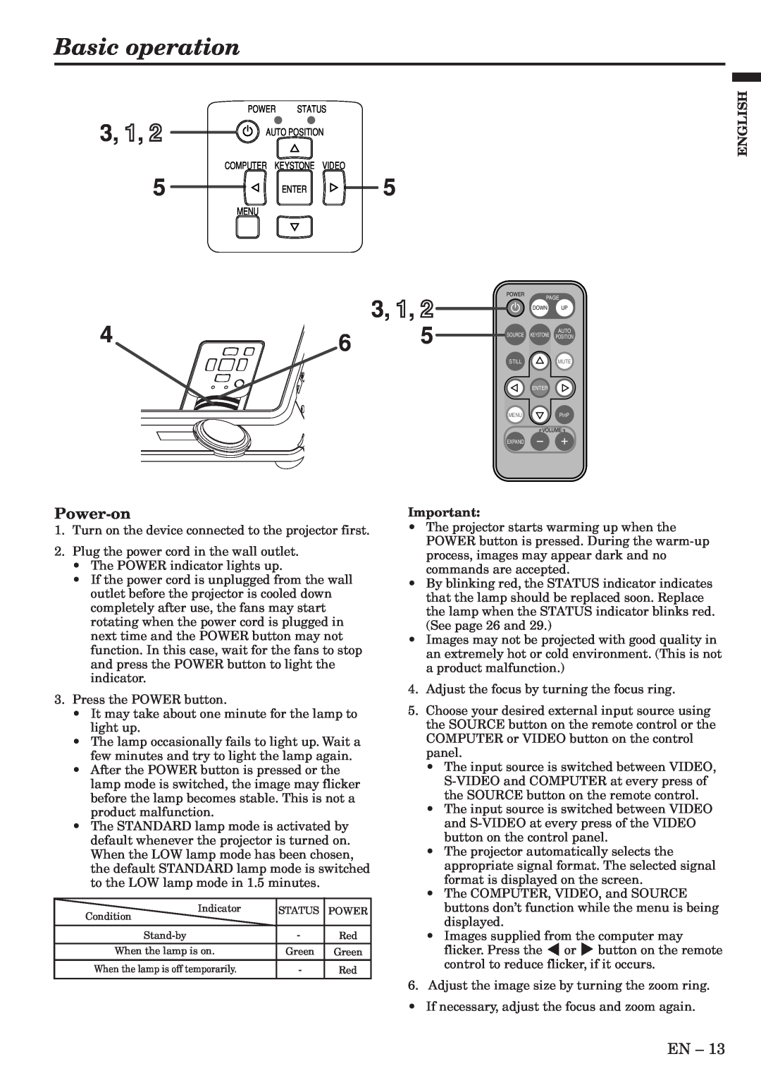 Mitsubishi Electronics SL4U, XL8U user manual Basic operation, Power-on, 3, 1, English 