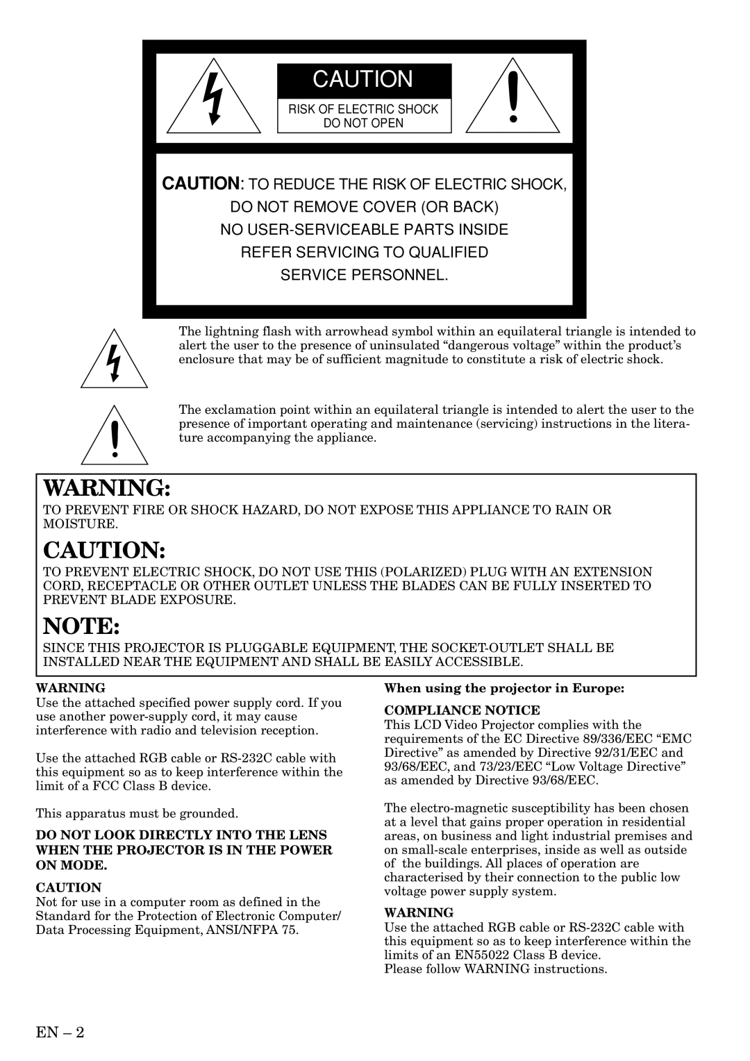 Mitsubishi Electronics XL8U, SL4U user manual When using the projector in Europe COMPLIANCE NOTICE 