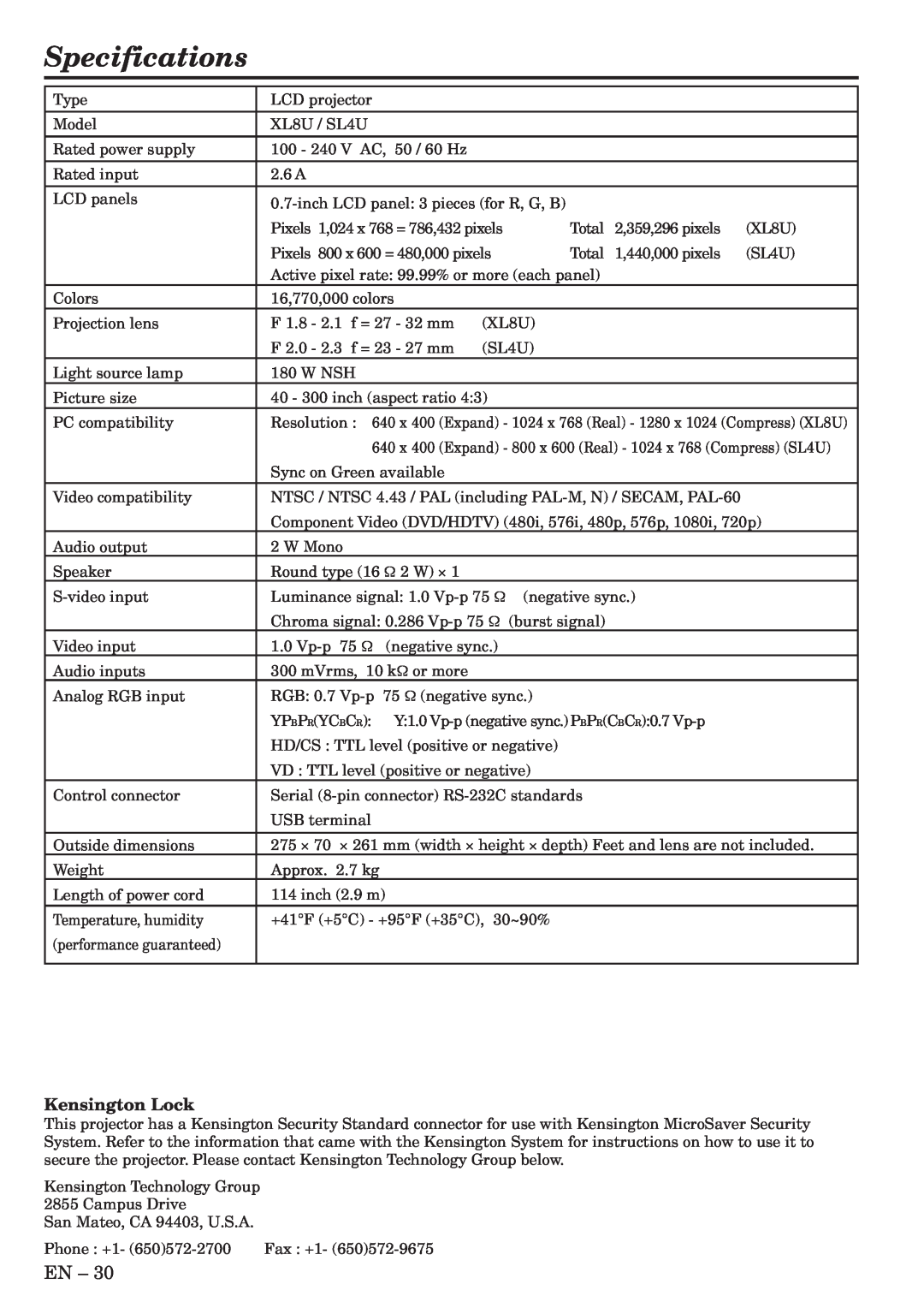 Mitsubishi Electronics XL8U, SL4U user manual Specifications, Kensington Lock 