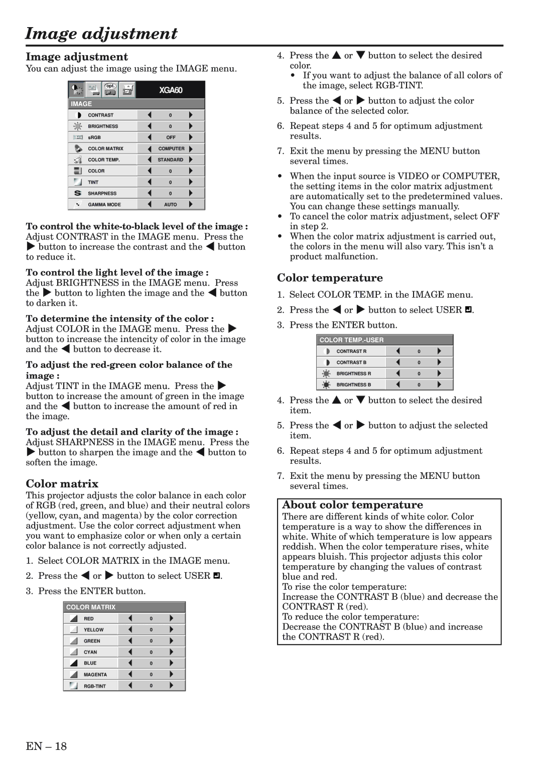 Mitsubishi Electronics XL9U user manual Image adjustment, Color matrix, Color temperature, About color temperature 