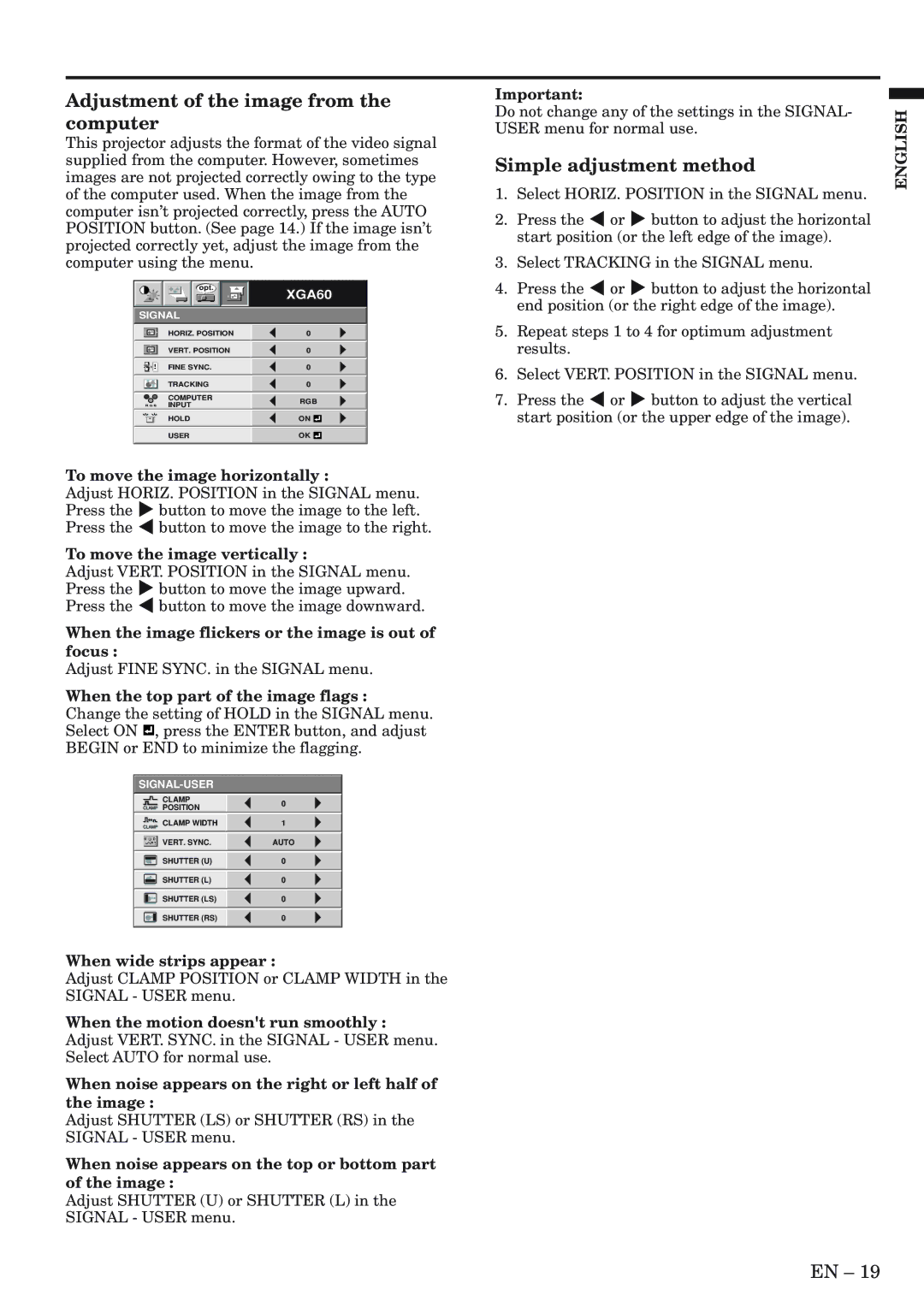 Mitsubishi Electronics XL9U user manual Adjustment of the image from the computer, Simple adjustment method 