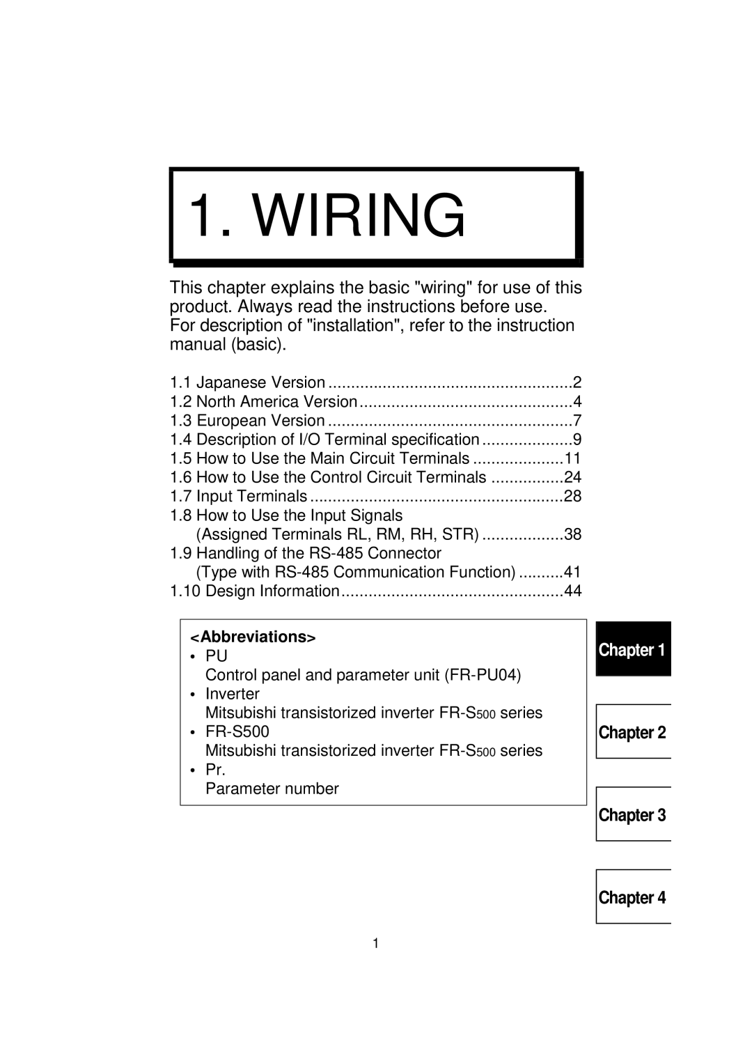 Mitsubishi FR - S500 instruction manual Wiring, Abbreviations 