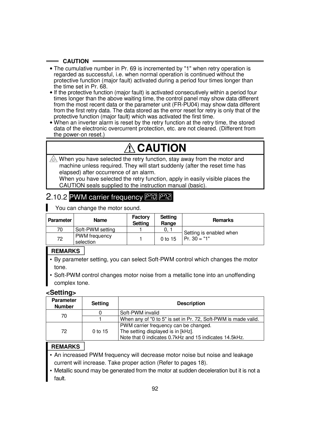 Mitsubishi FR - S500 PWM carrier frequency, You can change the motor sound, Parameter Number Setting Description 