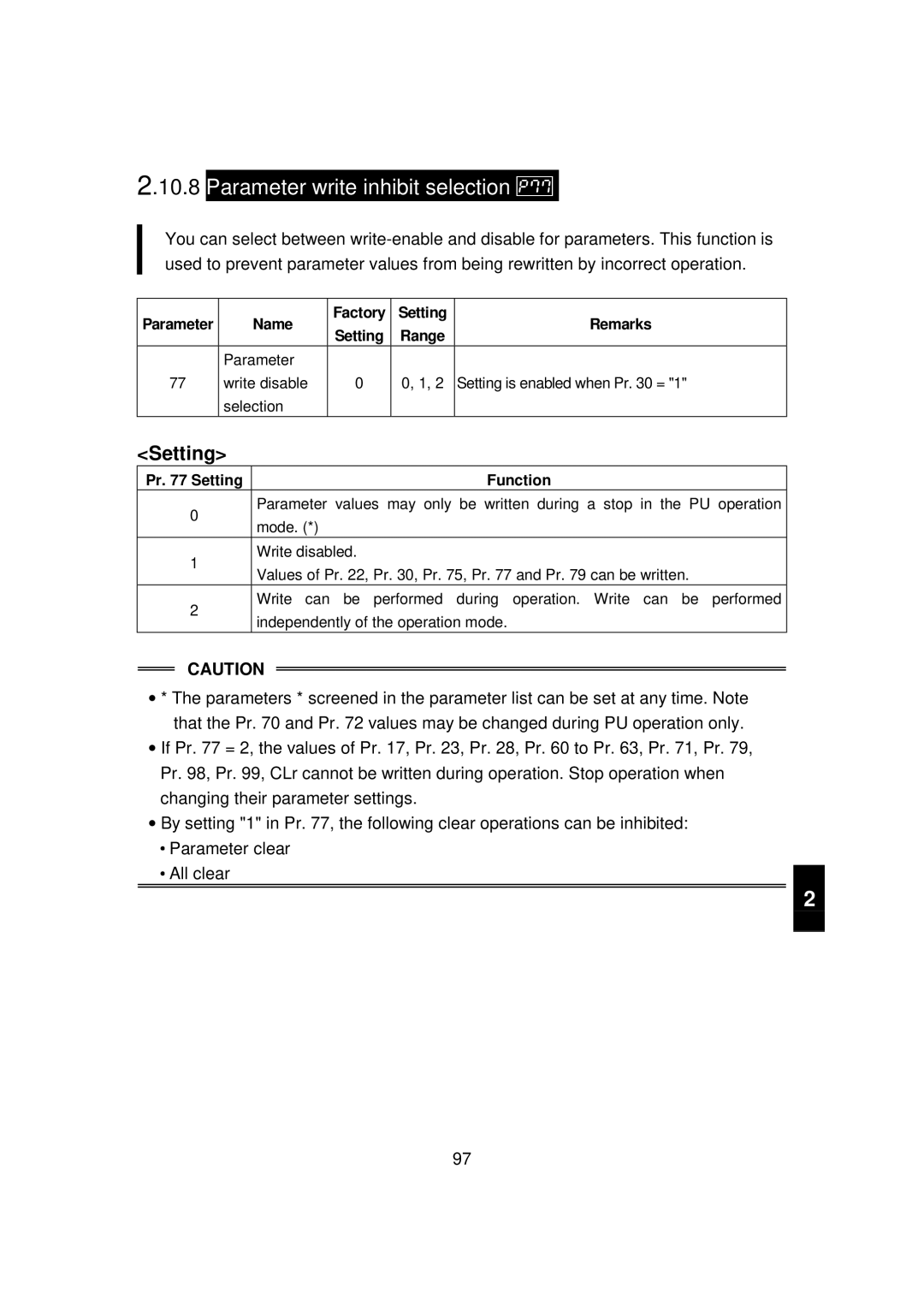 Mitsubishi FR - S500 instruction manual Parameter write inhibit selection, Pr Setting Function 