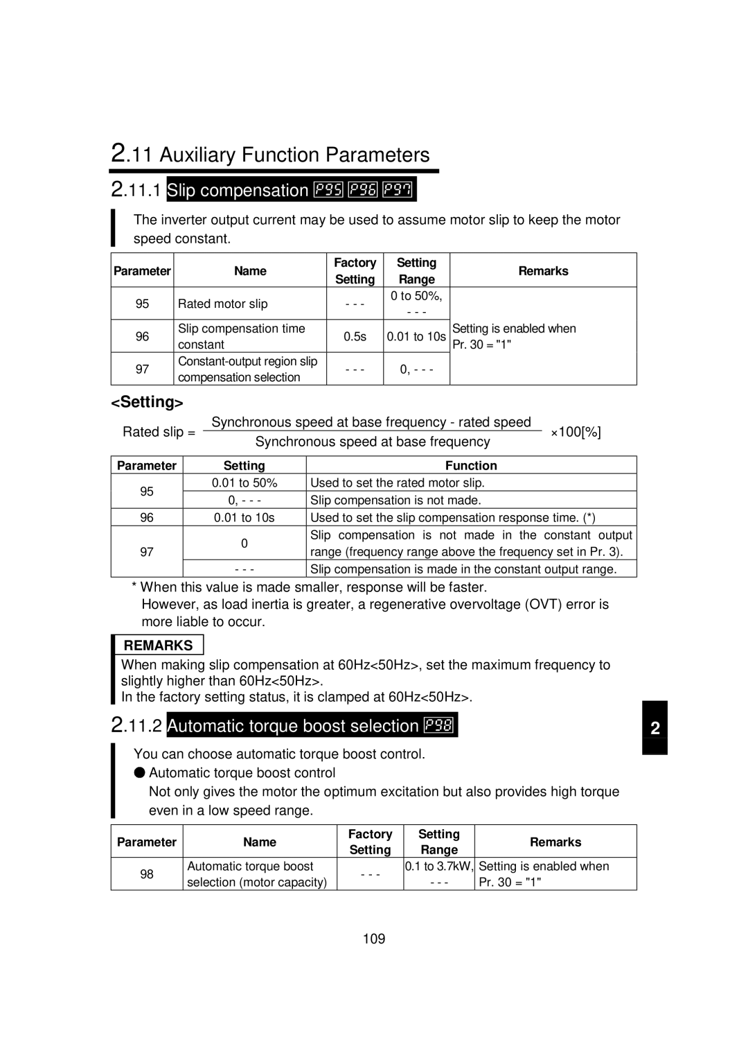 Mitsubishi FR - S500 Auxiliary Function Parameters, Slip compensation, 11.2, Automatic torque boost selection 