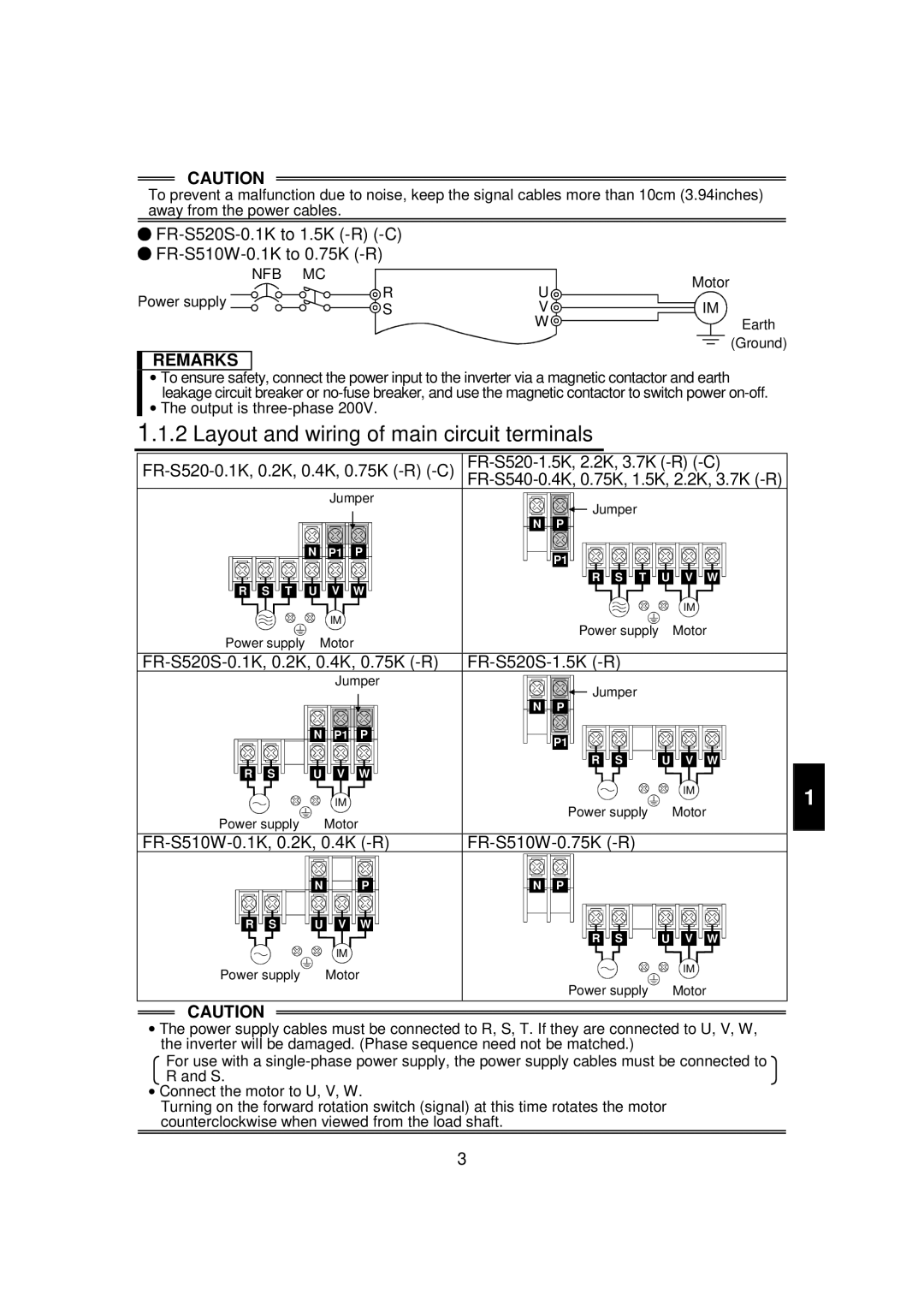 Mitsubishi FR - S500 Layout and wiring of main circuit terminals, FR-S520S-0.1K to 1.5K -R -C FR-S510W-0.1K to 0.75K -R 