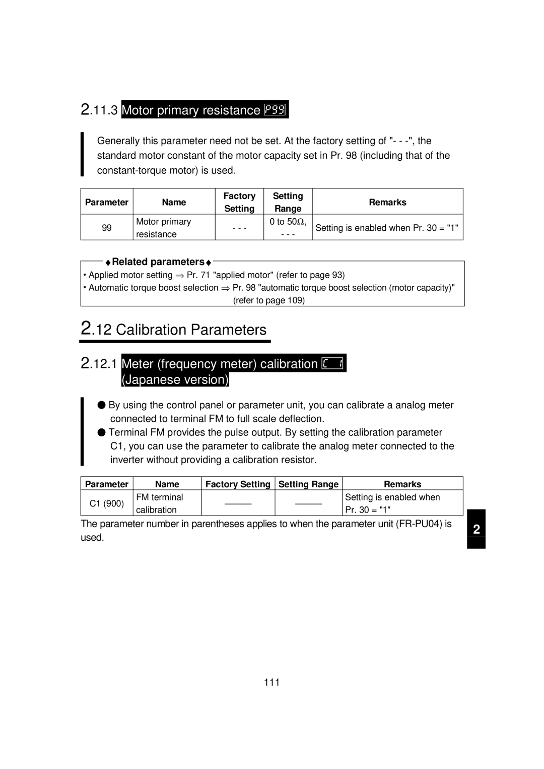 Mitsubishi FR - S500 Calibration Parameters, Motor primary resistance, Meter frequency meter calibration Japanese version 