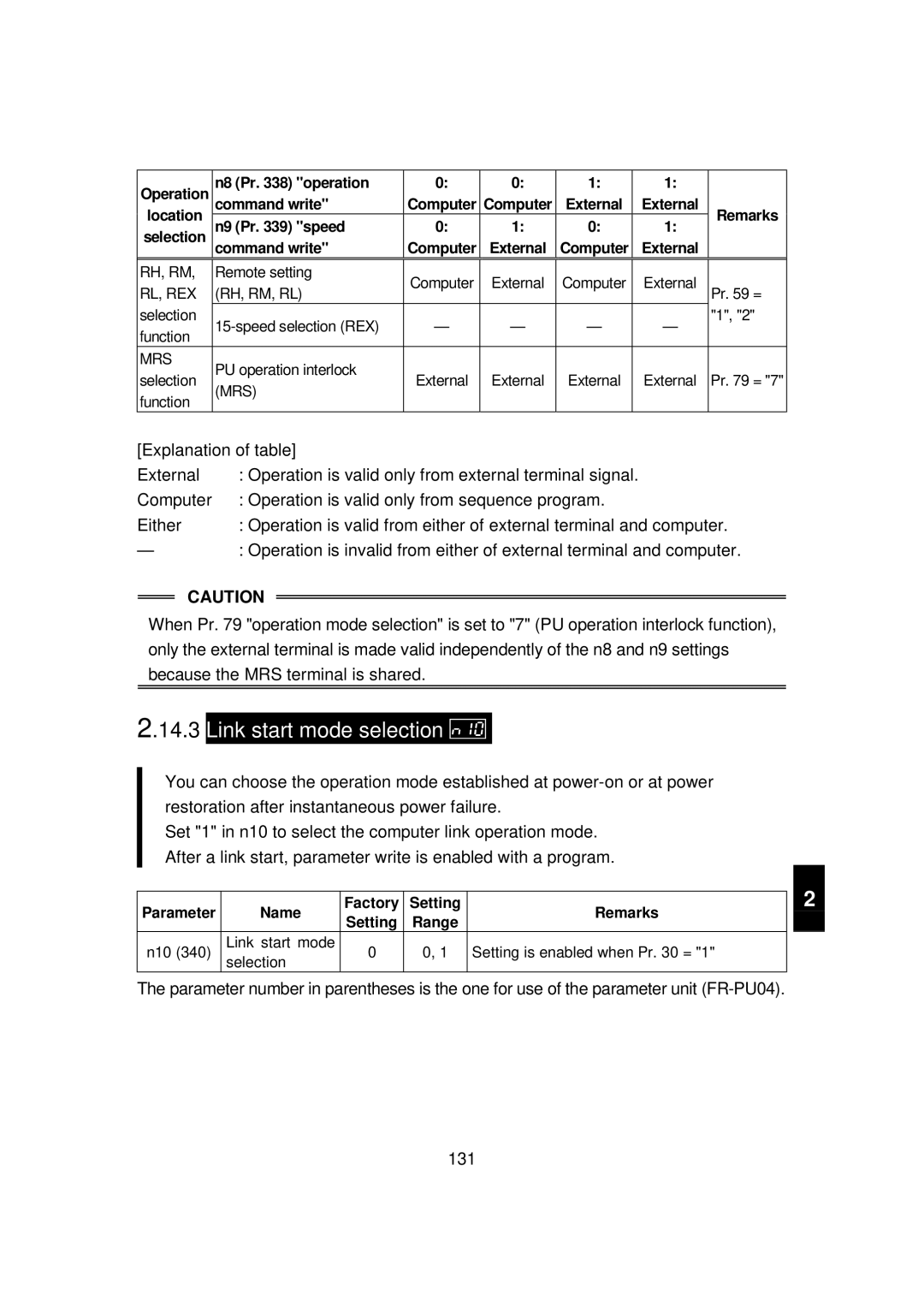 Mitsubishi FR - S500 Link start mode selection, Explanation of table External, N8 Pr operation Command write 