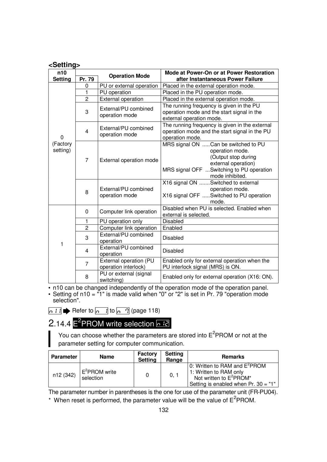 Mitsubishi FR - S500 instruction manual 14.4 E2PROM write selection, 132 