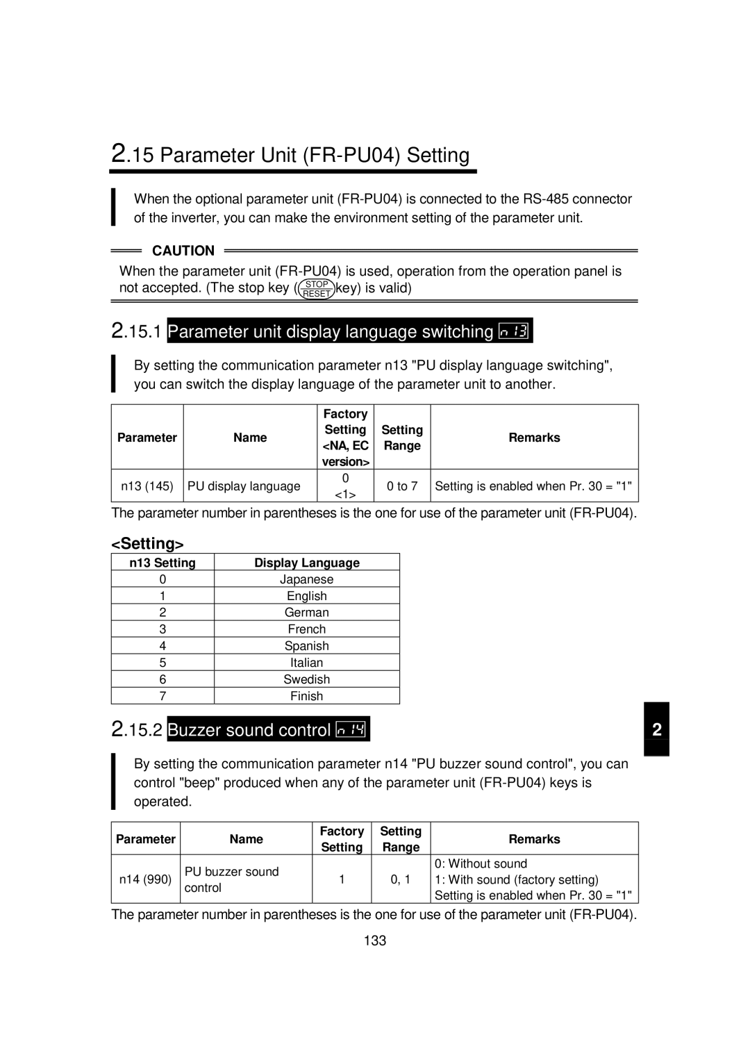 Mitsubishi FR - S500 Parameter Unit FR-PU04 Setting, Parameter unit display language switching, 15.2, Buzzer sound control 