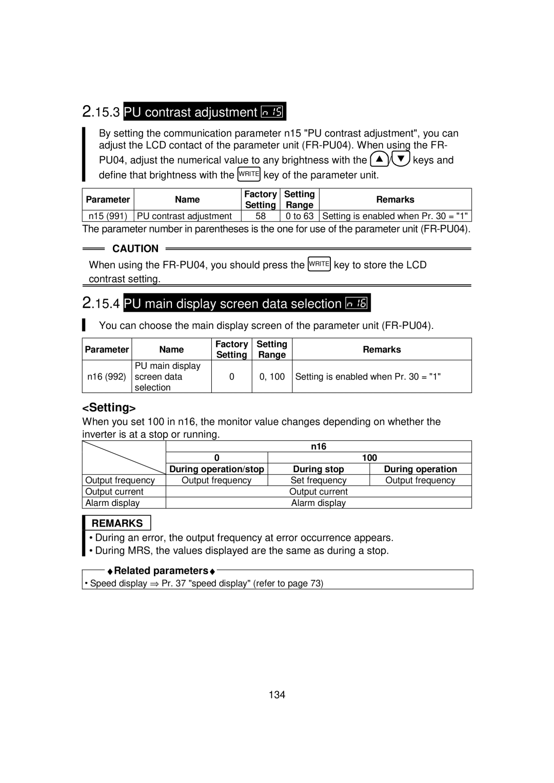 Mitsubishi FR - S500 instruction manual PU contrast adjustment, PU main display screen data selection, N16 100, During stop 