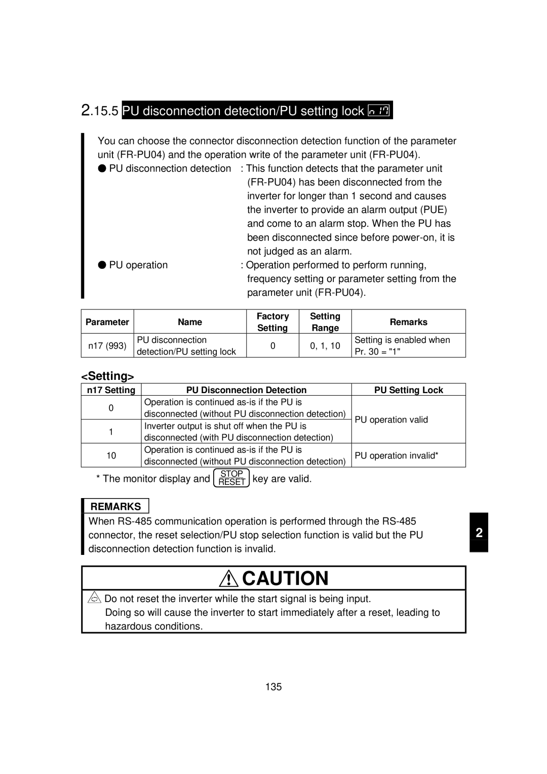 Mitsubishi FR - S500 PU disconnection detection/PU setting lock, Monitor display and Resetstop key are valid 