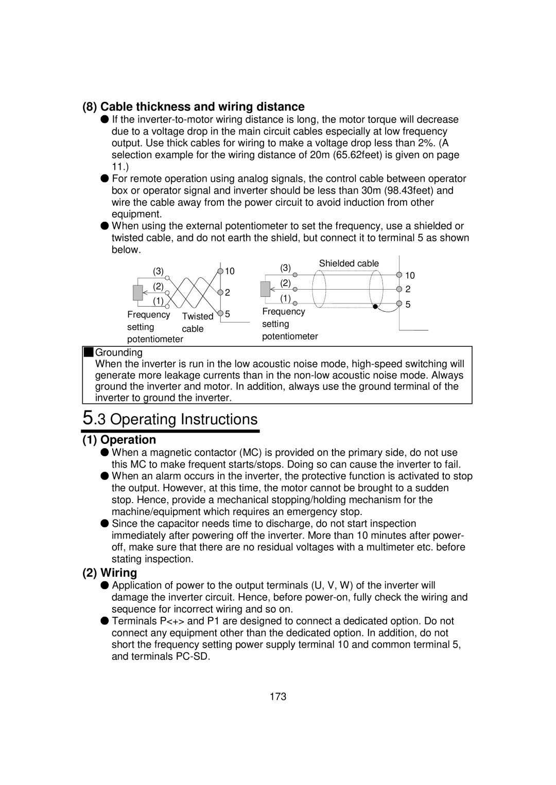 Mitsubishi FR - S500 instruction manual Operating Instructions, Cable thickness and wiring distance, Operation, Wiring 