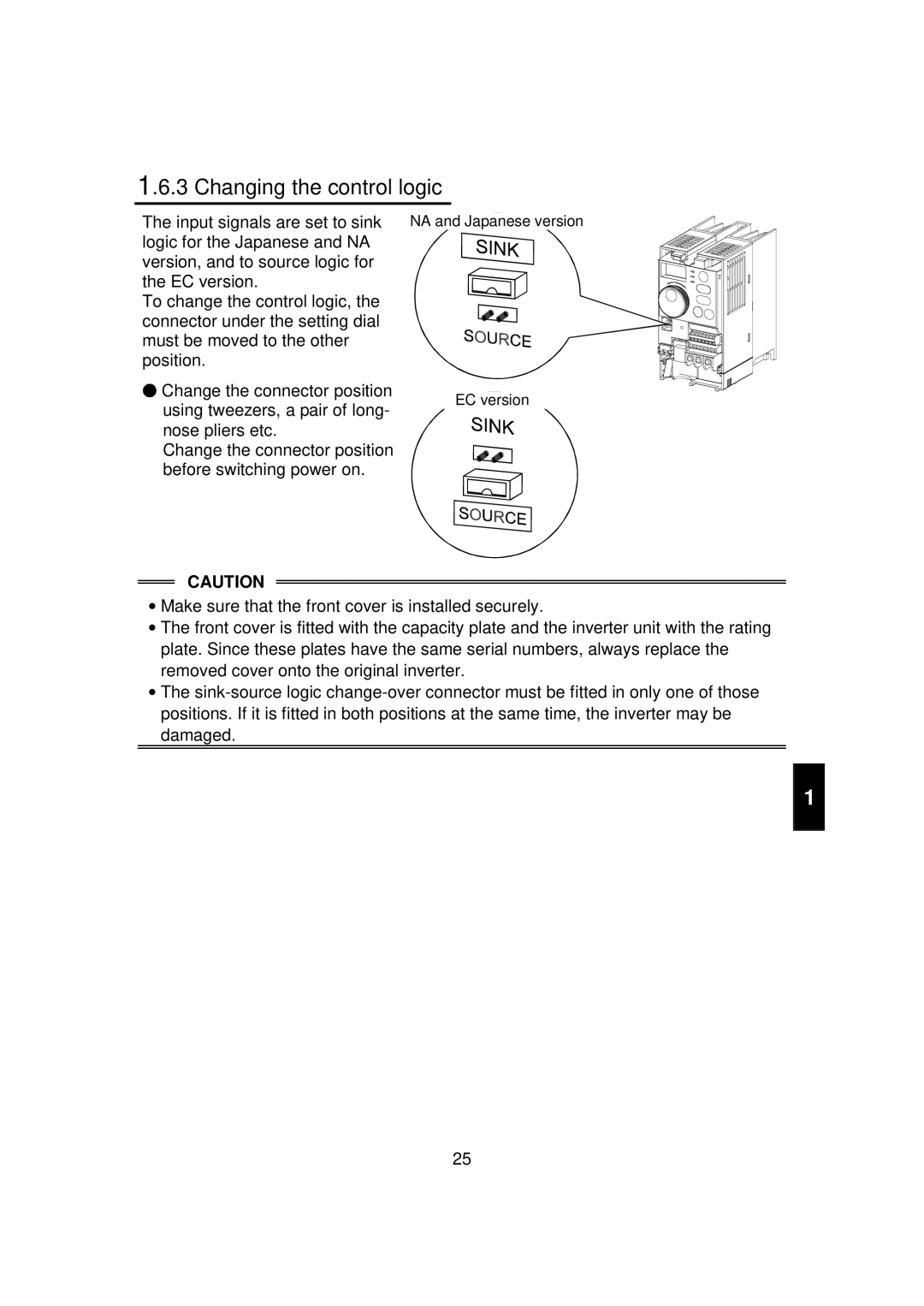 Mitsubishi FR - S500 Changing the control logic, Input signals are set to sink, Using tweezers, a pair of long 