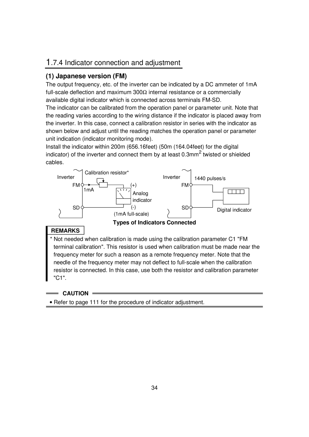 Mitsubishi FR - S500 instruction manual Indicator connection and adjustment, Japanese version FM 