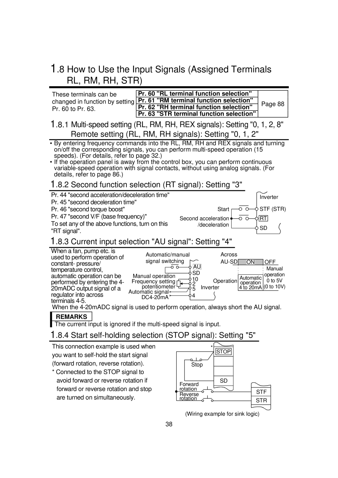 Mitsubishi FR - S500 Second function selection RT signal Setting, Current input selection AU signal Setting 