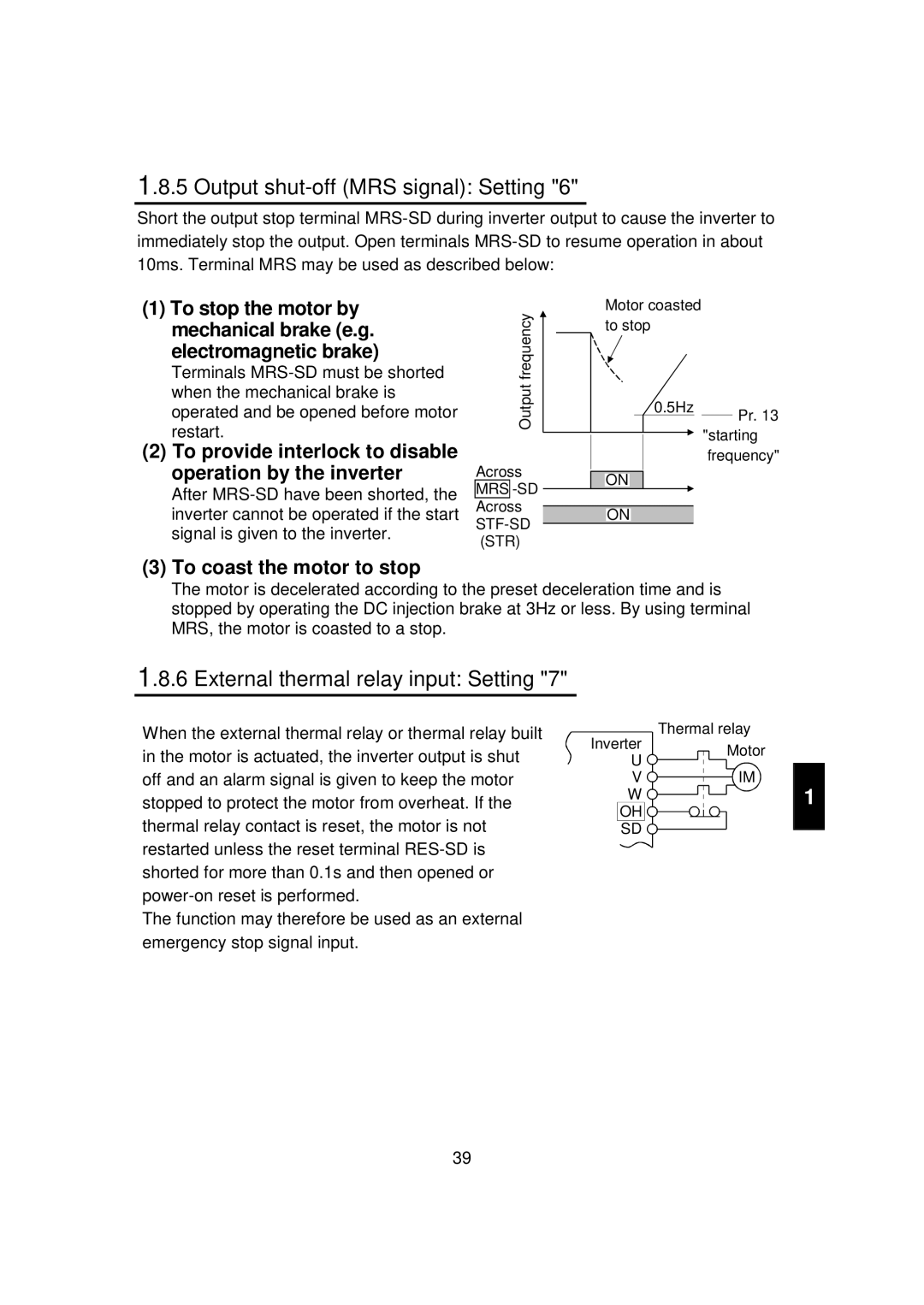 Mitsubishi FR - S500 instruction manual Output shut-off MRS signal Setting, External thermal relay input Setting 