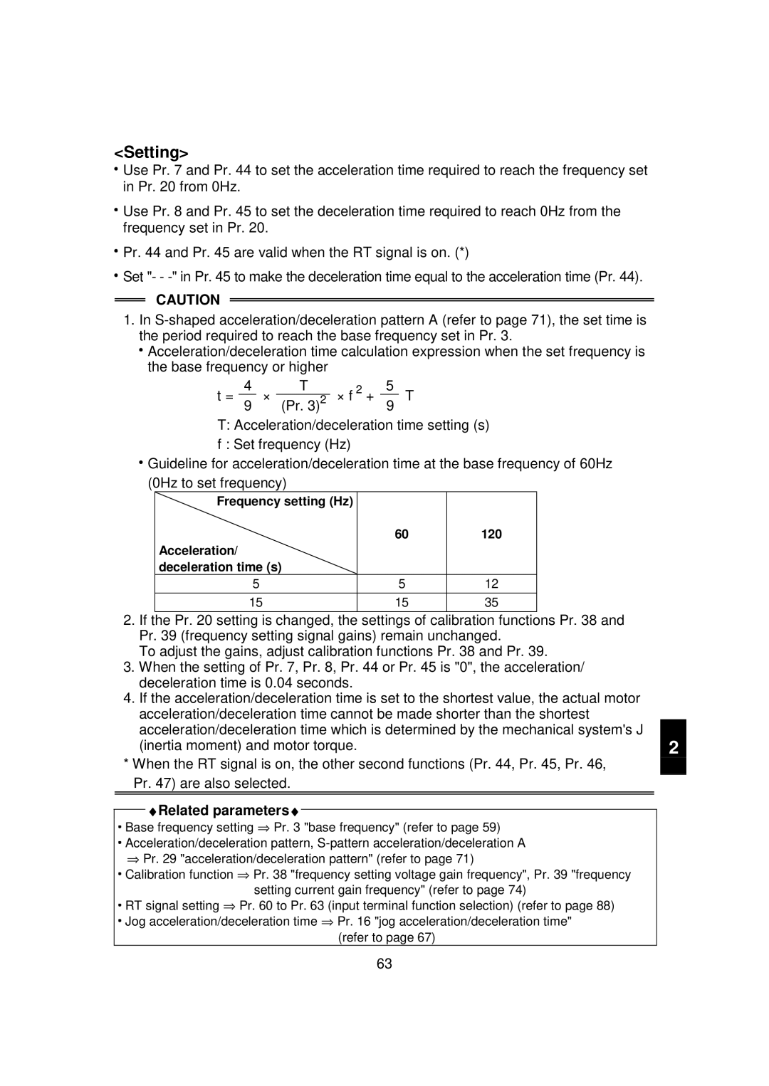 Mitsubishi FR - S500 instruction manual Frequency setting Hz 120 Acceleration Deceleration time s 