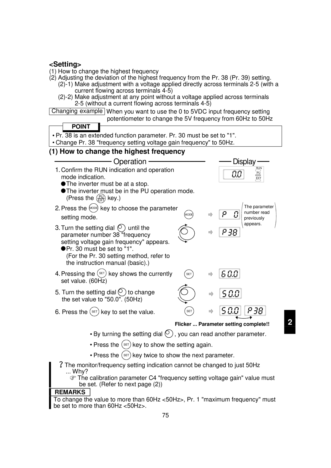 Mitsubishi FR - S500 instruction manual OperationDisplay, How to change the highest frequency, Set value Hz 