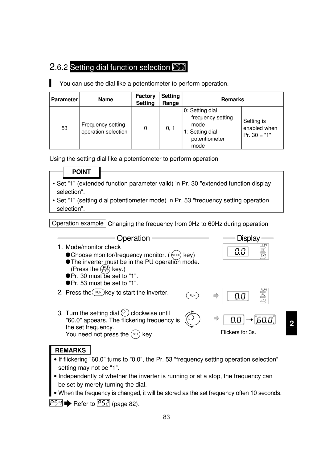 Mitsubishi FR - S500 instruction manual Setting dial function selection, Press the RUN key to start the inverter, Refer to 