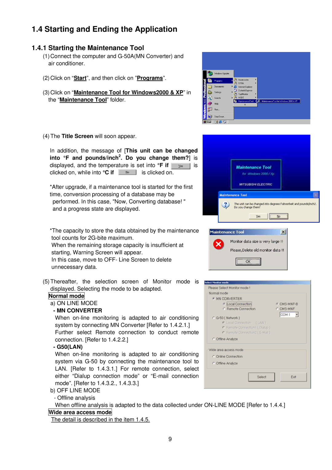 Mitsubishi G-50A, MN Converter Starting and Ending the Application, Starting the Maintenance Tool, Normal mode, G50LAN 