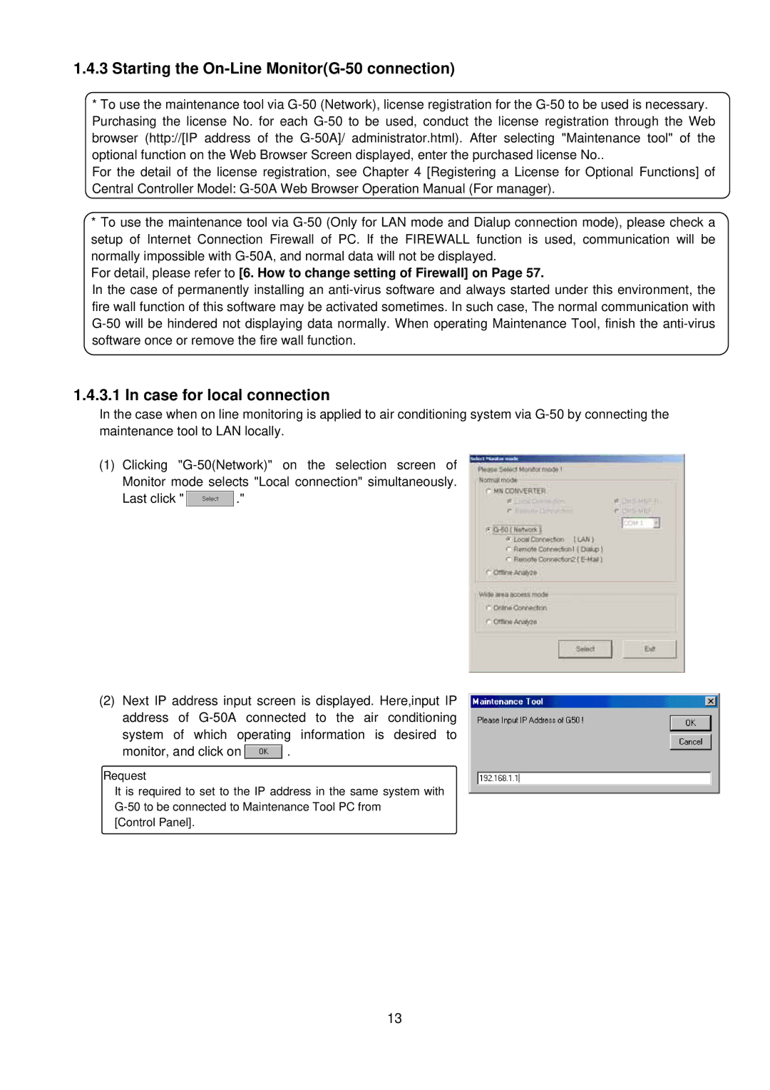 Mitsubishi G-50A, MN Converter manual Starting the On-Line MonitorG-50 connection, Case for local connection 