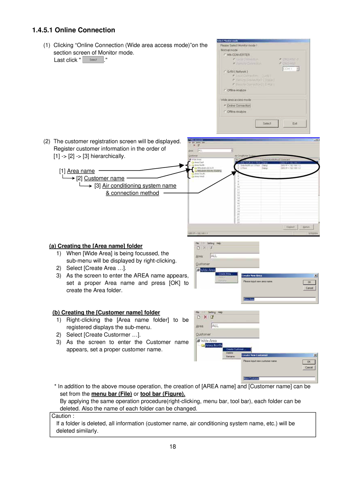 Mitsubishi MN Converter, G-50A manual Online Connection, Creating the Area name folder, Creating the Customer name folder 