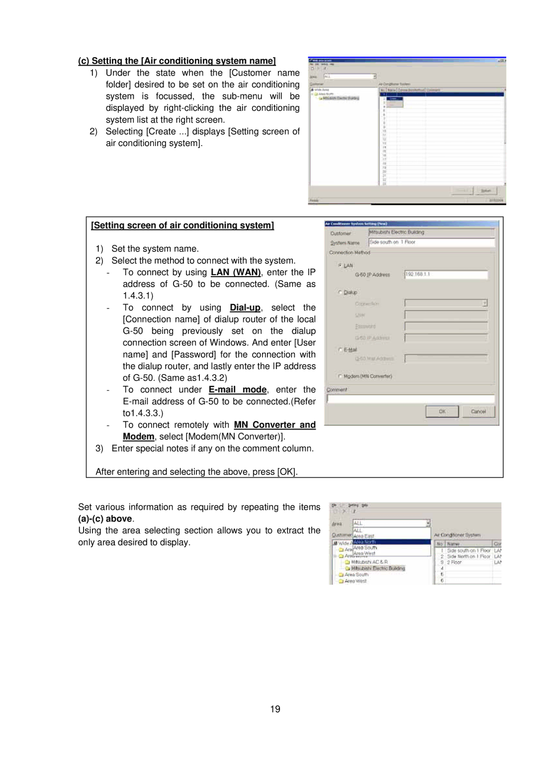 Mitsubishi G-50A, MN Converter Setting the Air conditioning system name, Setting screen of air conditioning system, Above 