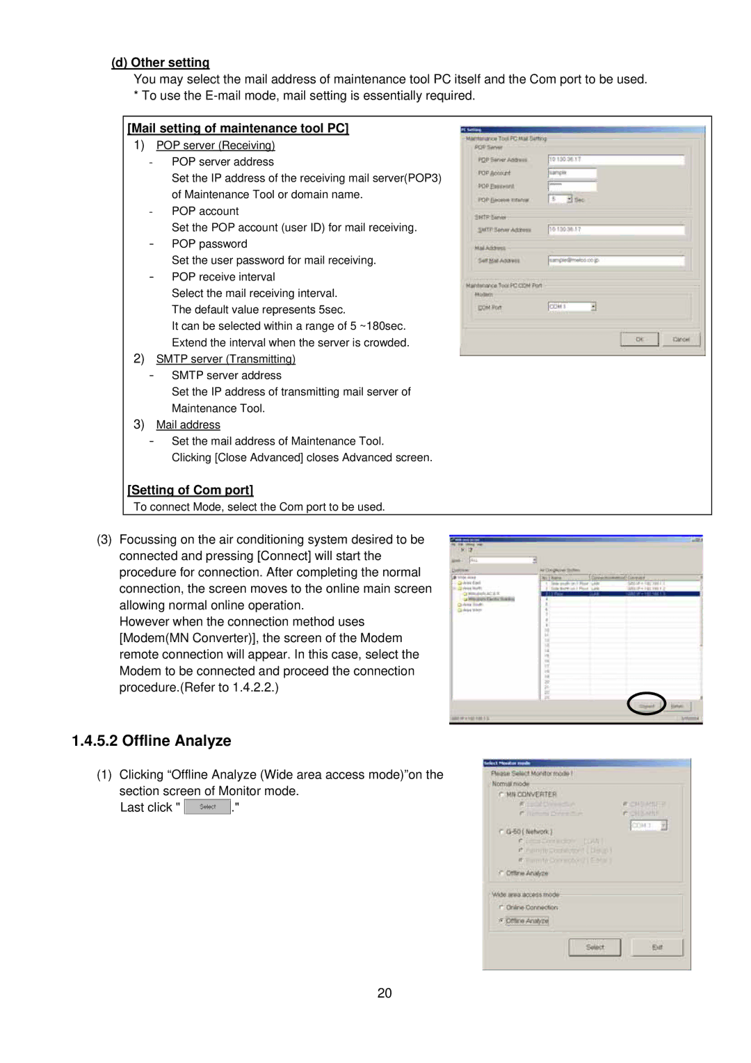 Mitsubishi MN Converter, G-50A Offline Analyze, Other setting, Mail setting of maintenance tool PC, Setting of Com port 