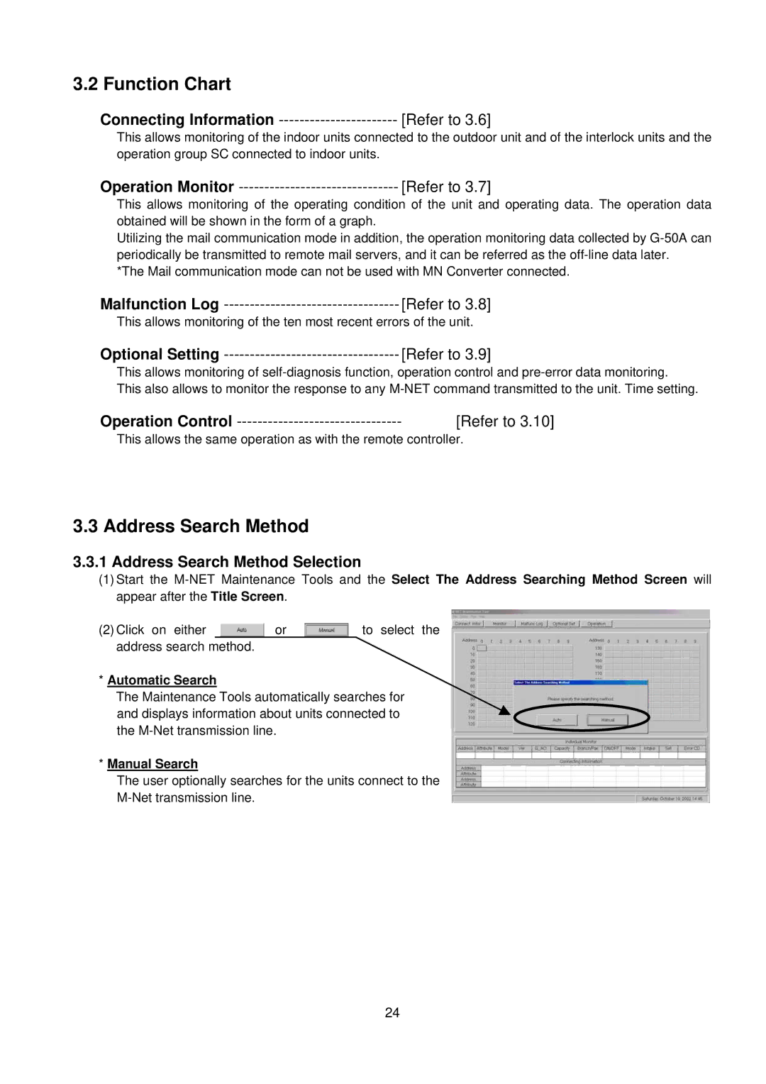 Mitsubishi MN Converter, G-50A manual Function Chart, Address Search Method Selection, Automatic Search, Manual Search 