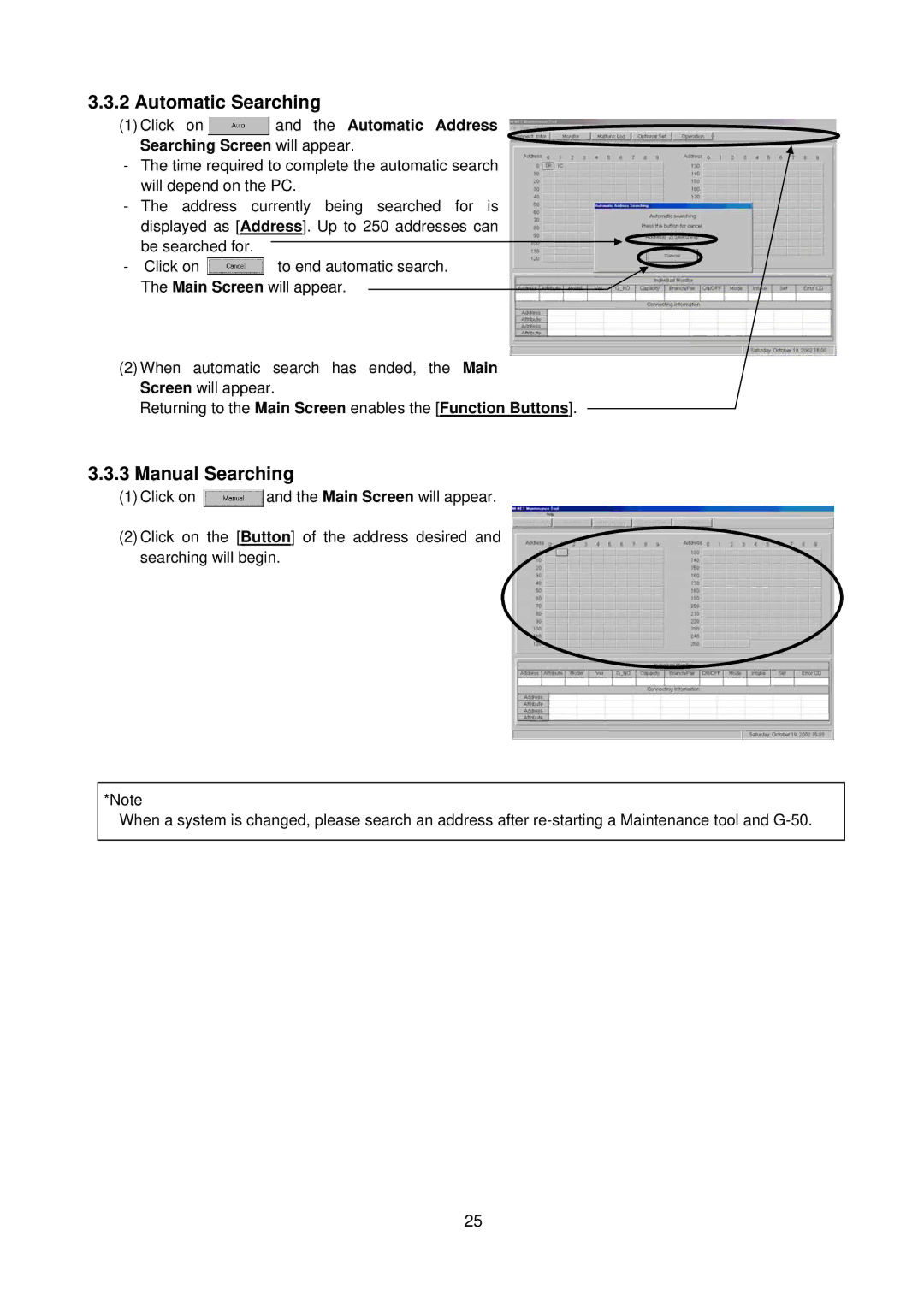 Mitsubishi G-50A, MN Converter manual Automatic Searching, Manual Searching, Searching Screen will appear 